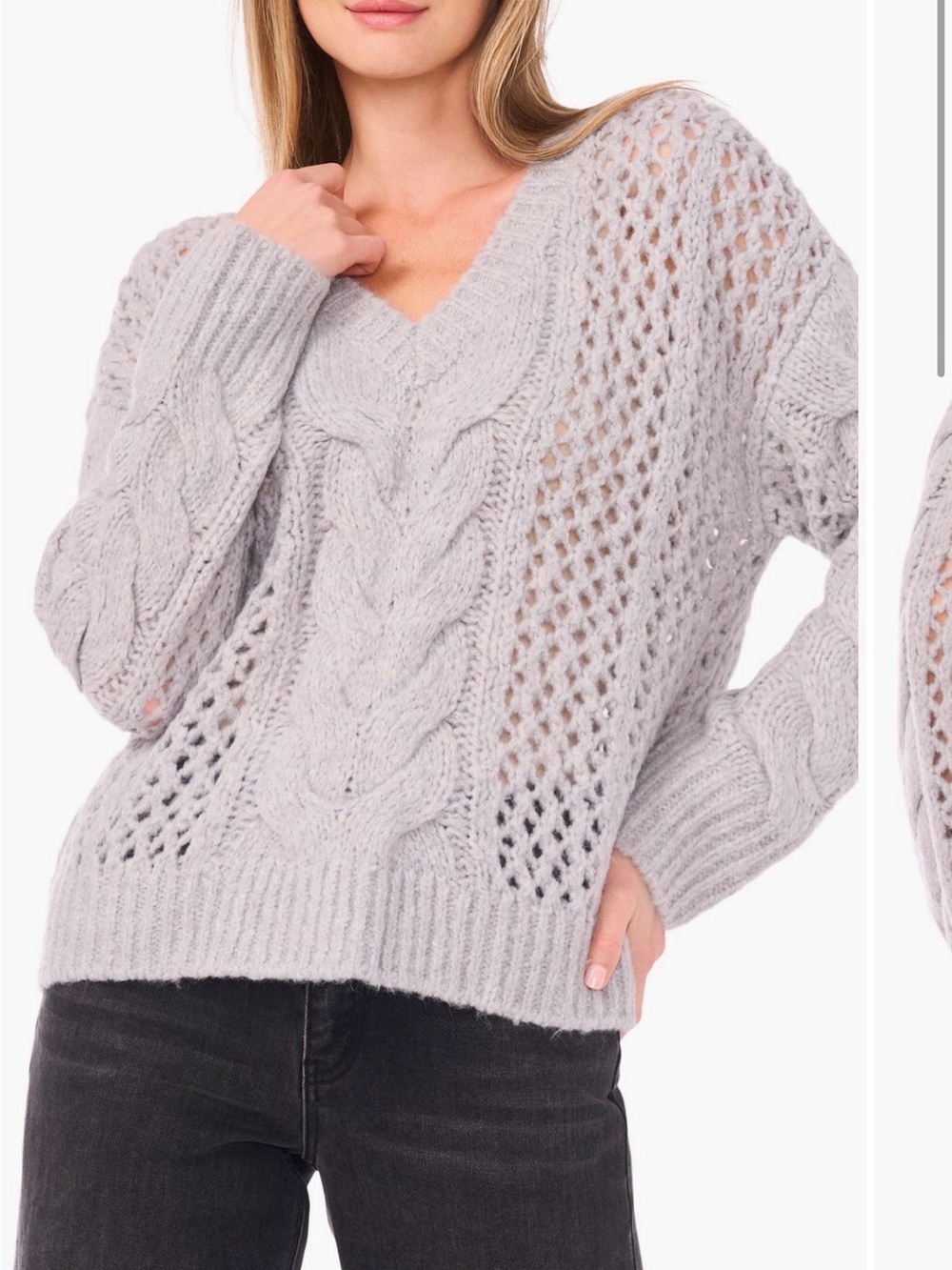Parker XXL Cable Knit Open Weave Gray V Neck Sweater NWT